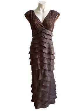 Adrianna Papell Occasions Women's Brown Lace Tiered Evening Gown Size 8